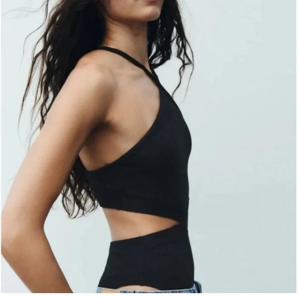 ZARA CUTOUT RIBBED BLACK SLEEVELESS BODYSUIT NEW LARGE - Picture 3 of 14
